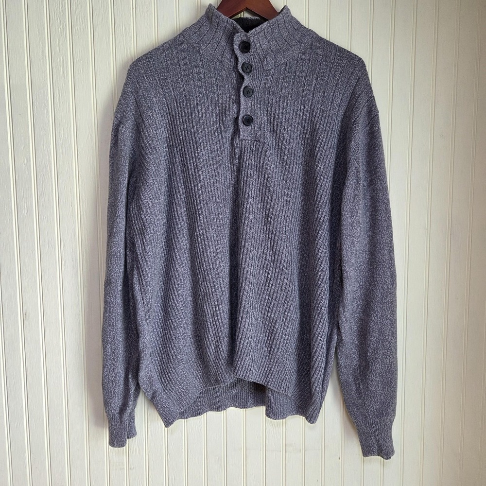 Oscar De La Renta Sweater Mens 2XL‎ Gray Button Mock Neck Henley Knit Pullover